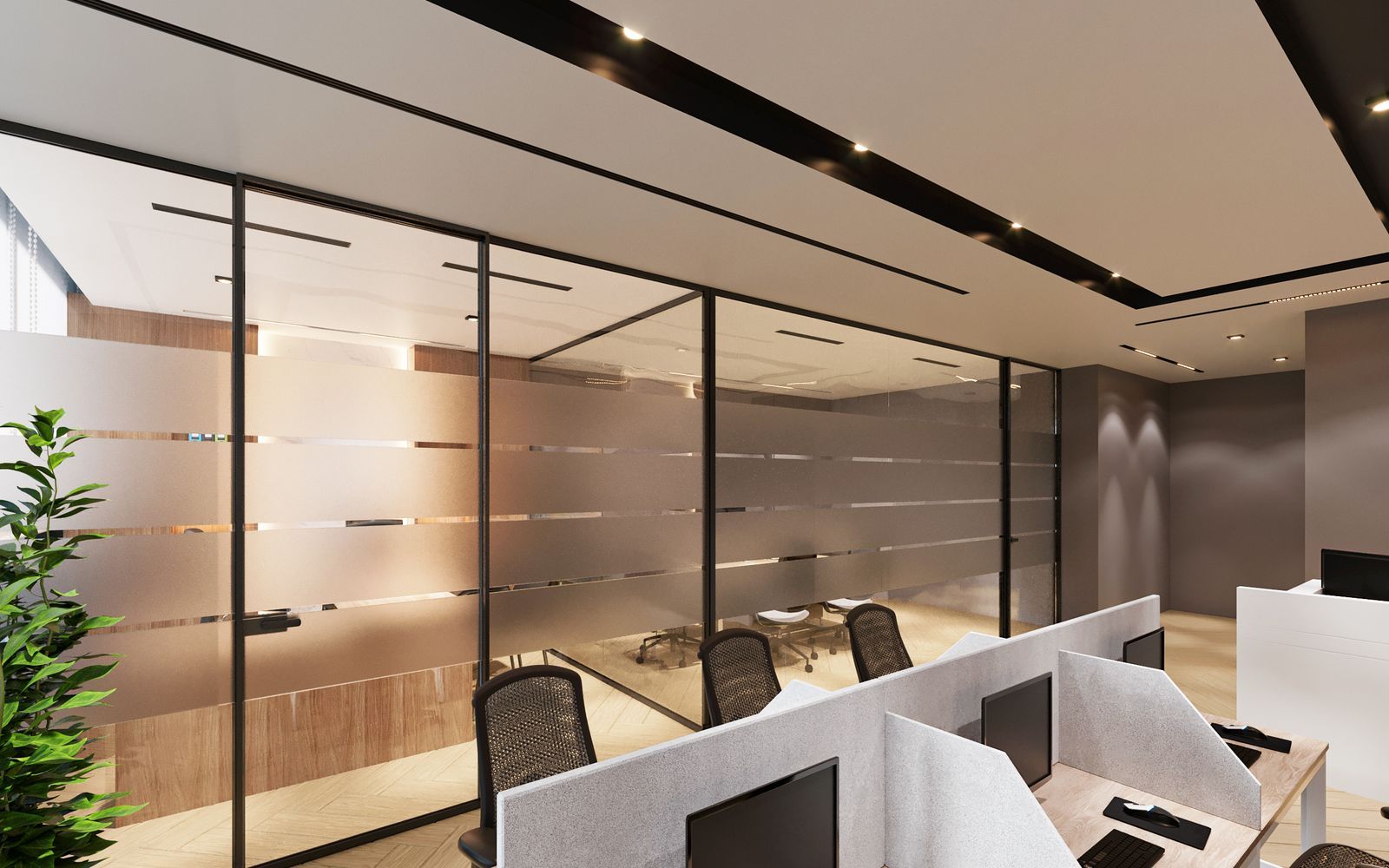 Modern financial office interior with glass partitions